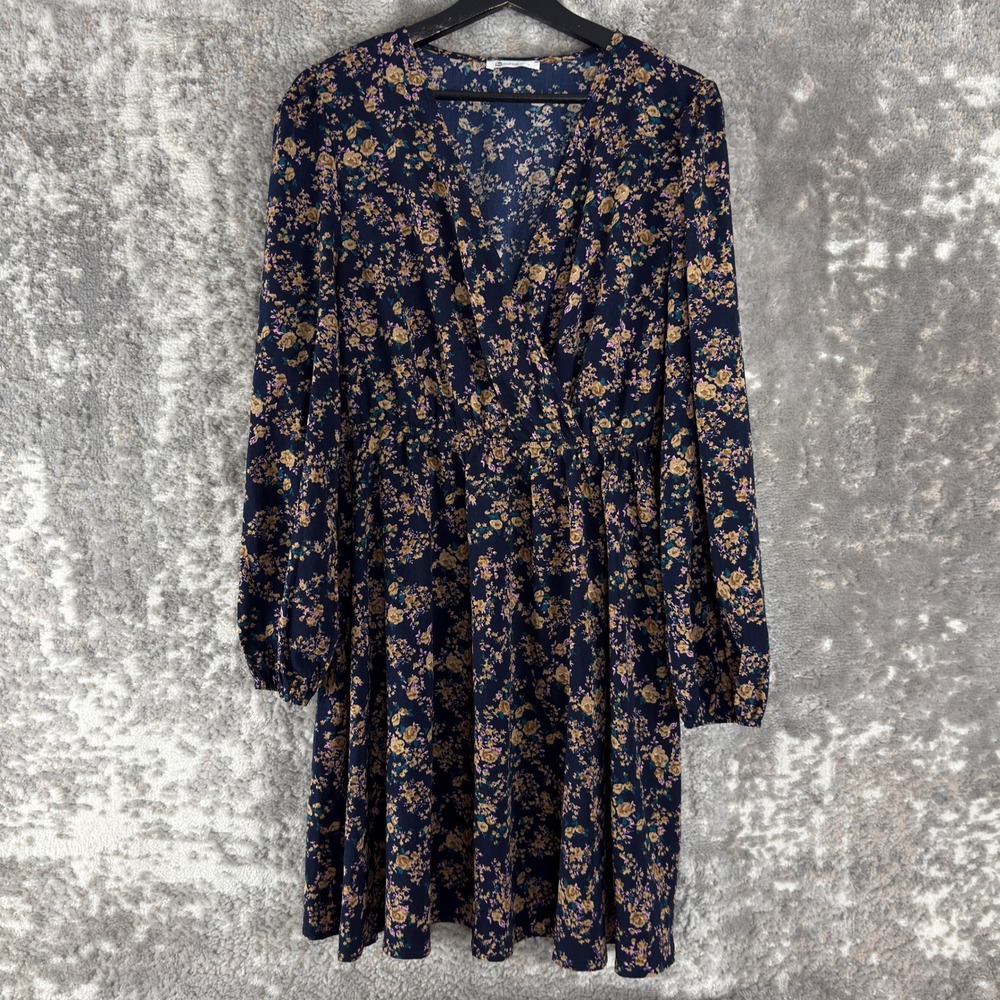 CUPSHE Size L Floral Surplice V-Neck Long Sleeve Mini Dress Navy Blue Women Long